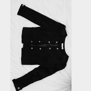 Black blazer with gold buttons and bow